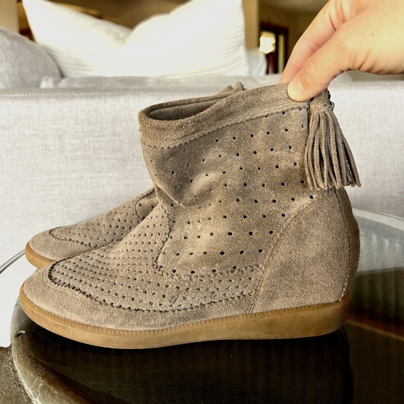 Isabel Marant Grey Cut Out Suede Tassel Embellished "Beslay" Wedge Ankle Boots - Picture 1 of 9